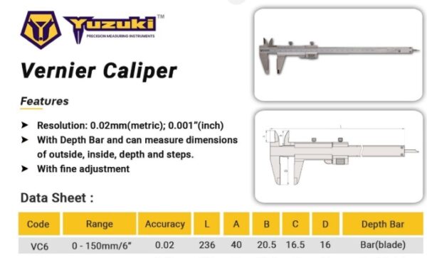 Yuzuki Vernier Calipers with Fine Adjustment Graduation (LC 0.02mm/ 0.001") 0 to 150mm - Image 2